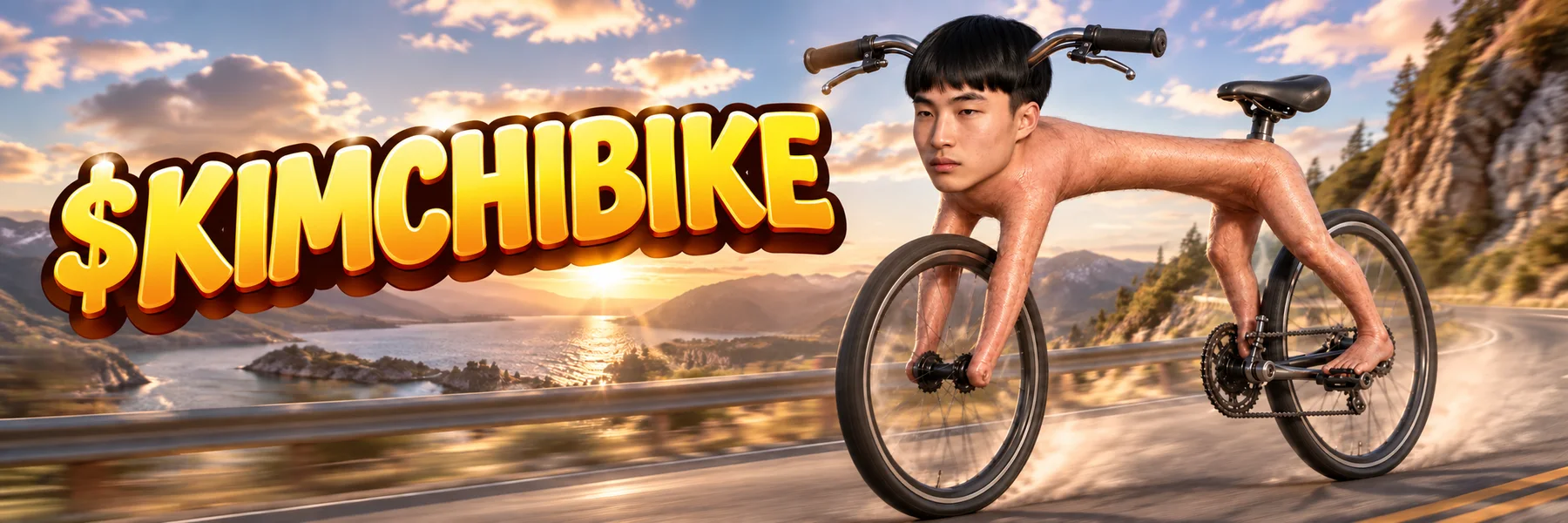 $KIMCHIBIKE racing down a mountain road at sunset